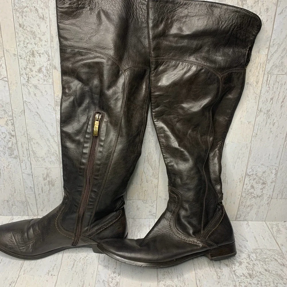 Mally Tall Riding Boots Women Size 41 Brown Leather Closed Toe Low Heel Side Zip